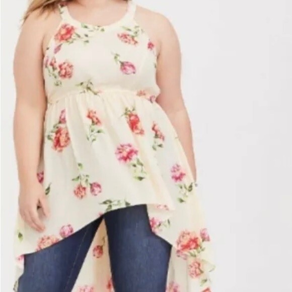 Torrid women’s Hi Lo IVORY FLORAL GEORGETTE GODDESS TUNIC TANK Plus Size 00 - Picture 3 of 12
